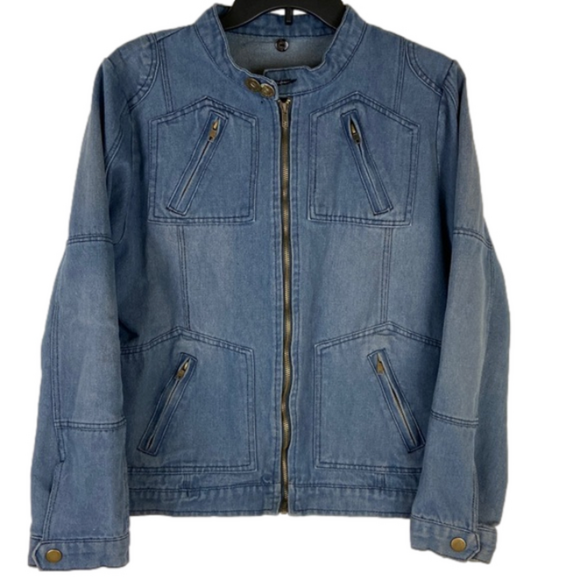 Vintage Y2K Denim Jacket with Zipper Pockets and Button Collar Grunge Moto 90s - Picture 1 of 11